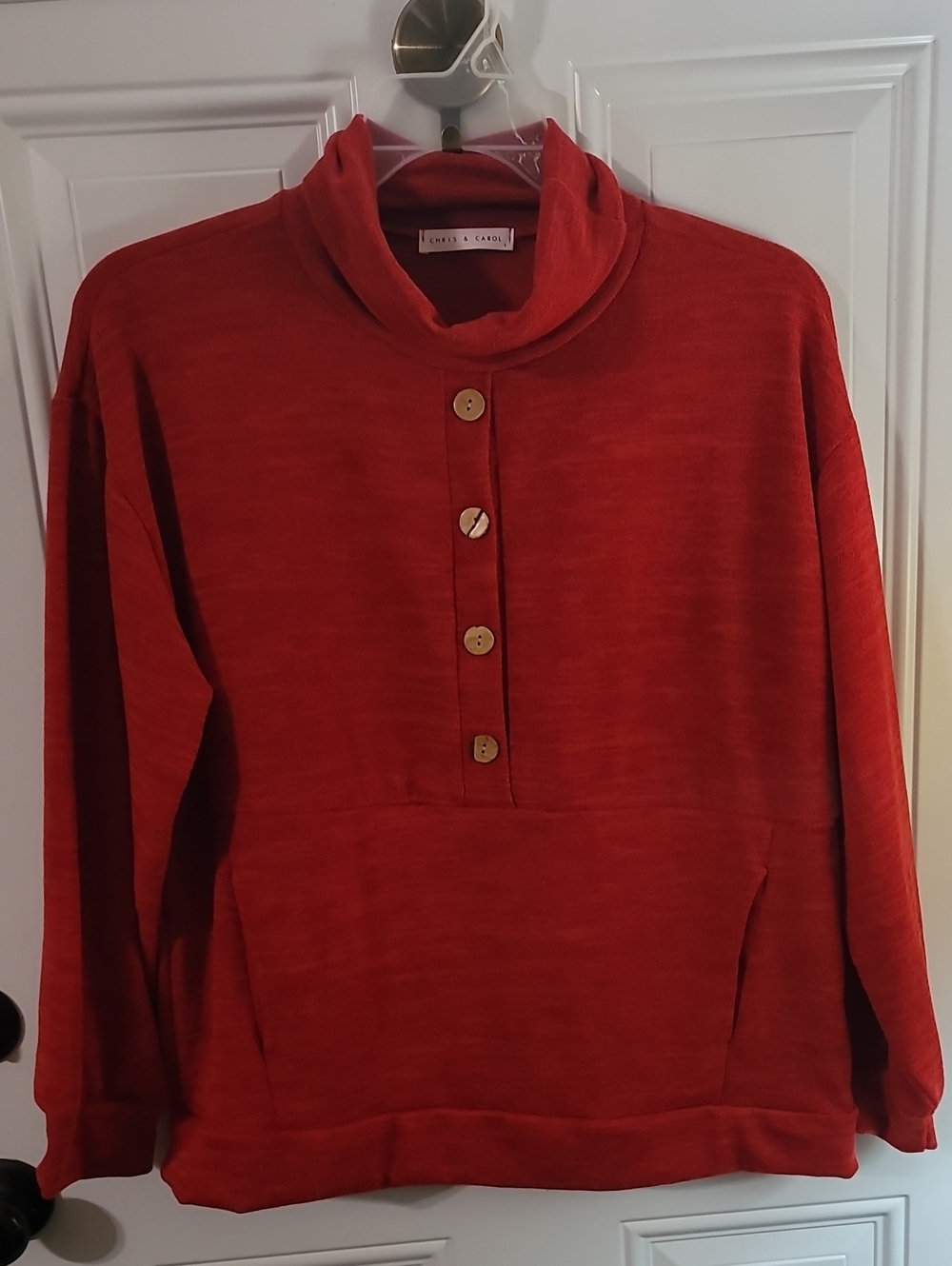 Chris & Carol Red Button-Placket Cowl Neck Sweater